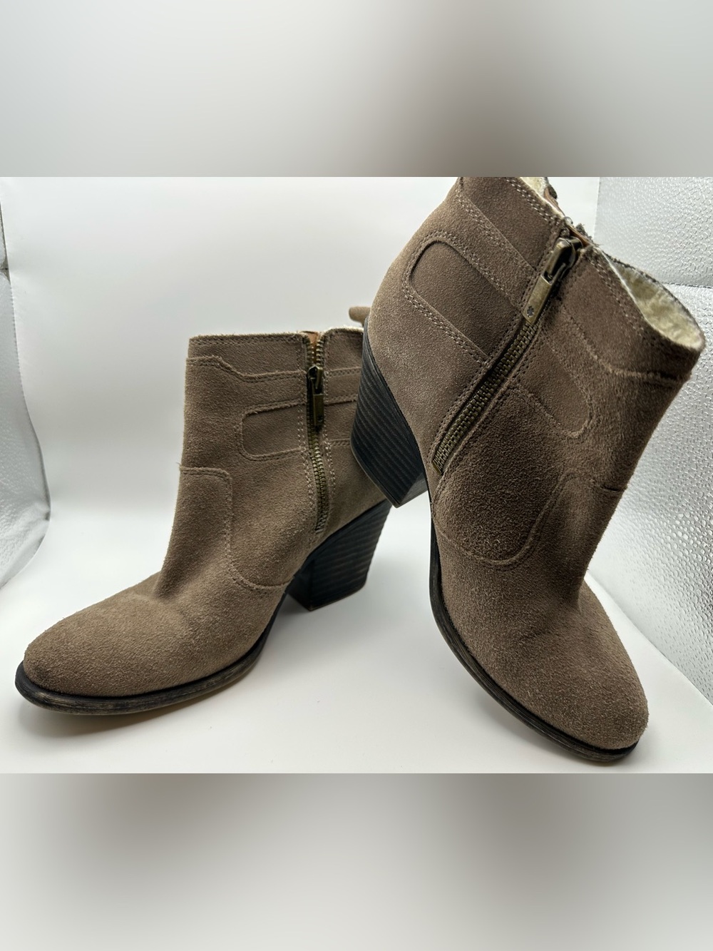 Lucky Brand Taupe Suede Ankle Booties with Side Zipper